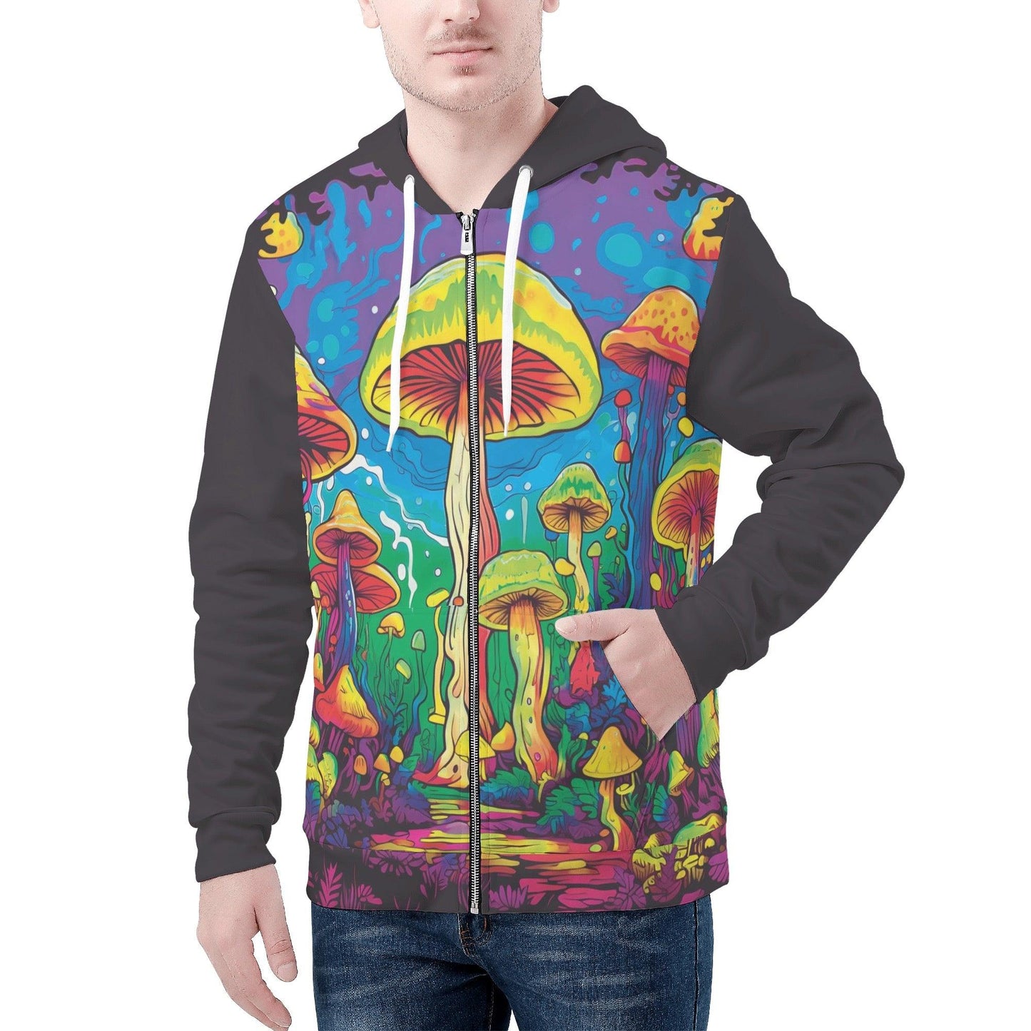 Unisex zip hoodie with psychedelic mushroom print, Mushroom Madness Hoodie.