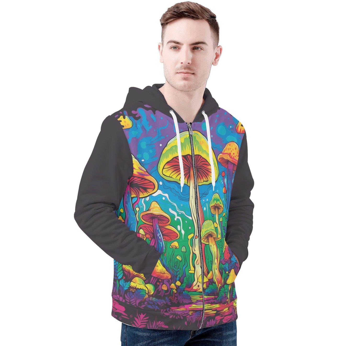 Mushroom Madness Hoodie with psychedelic mushroom print, unisex zip hoodie.