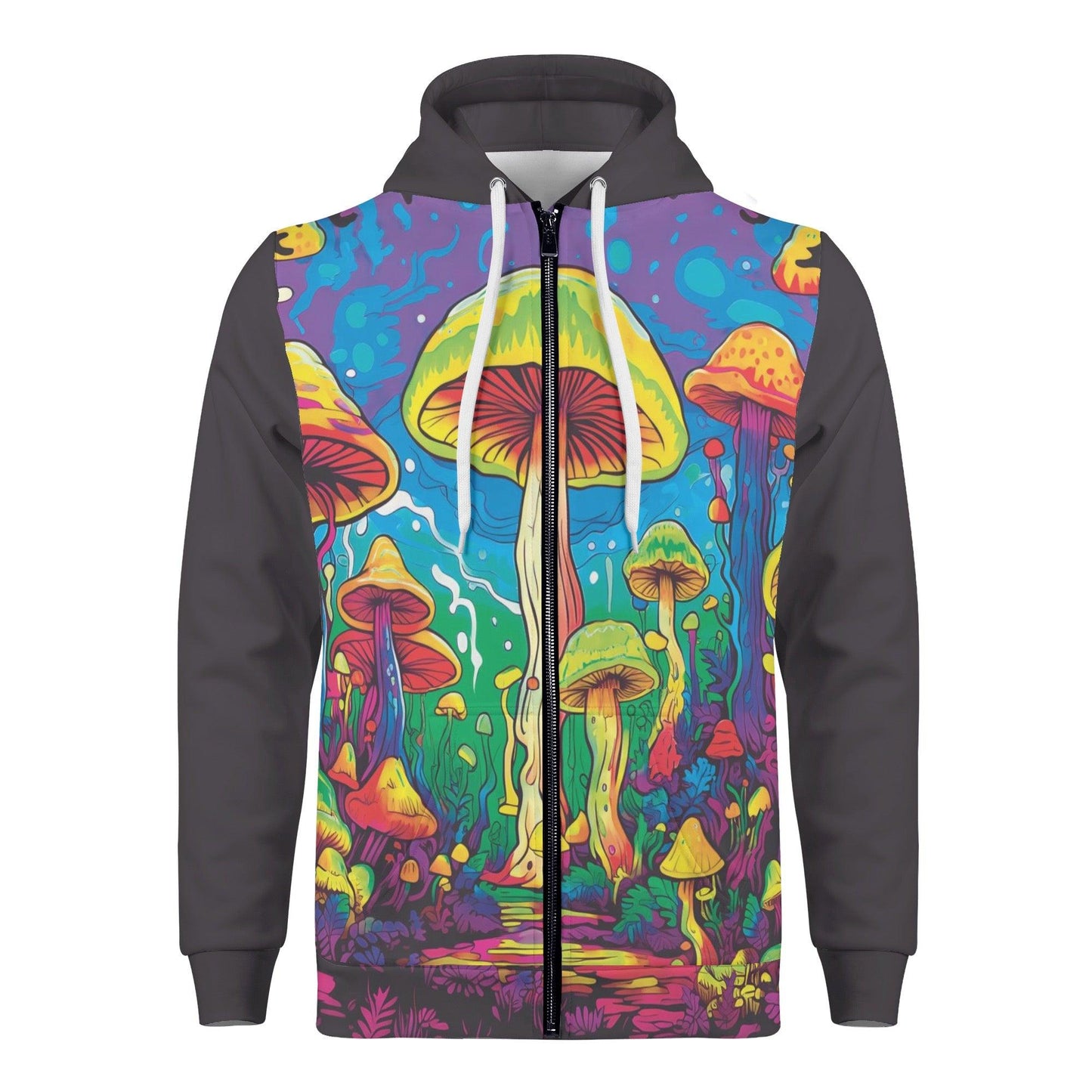 Psychedelic Mushroom Madness Hoodie with kaleidoscopic shroom print, unisex design.