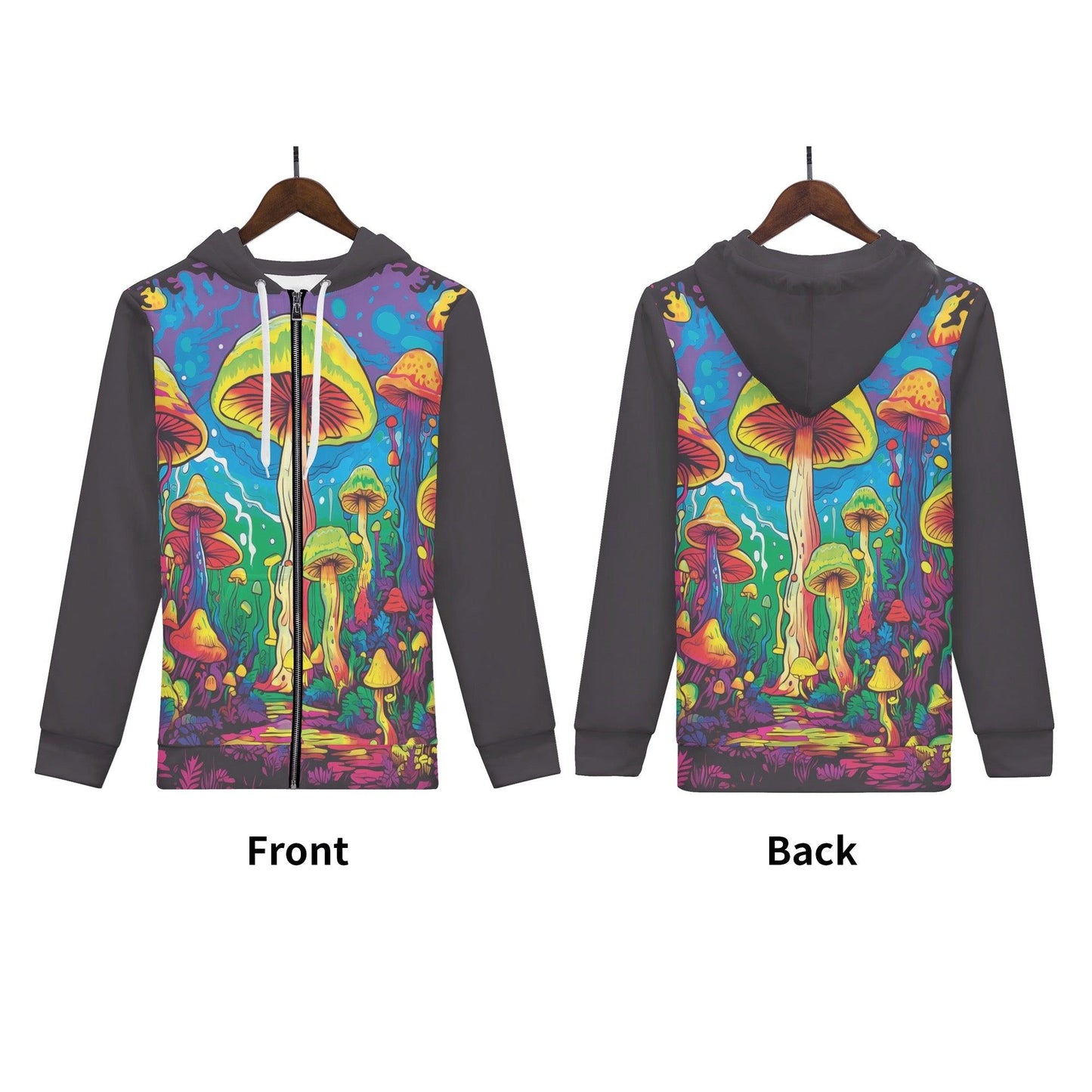Unisex hoodie featuring vibrant psychedelic mushroom print on front and back.