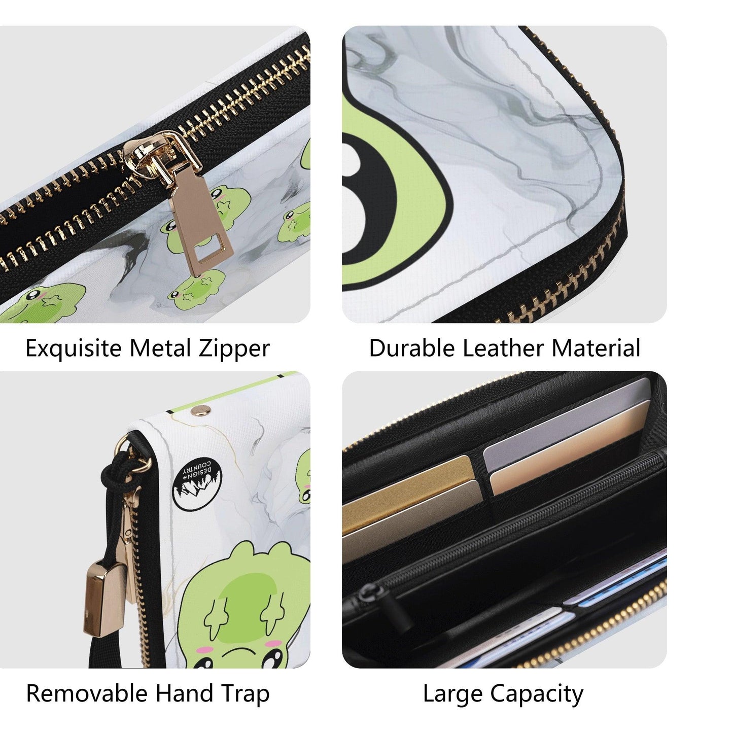 Kawaii Attitude Froggy Leather Zipper Wristlet Wallet with cute frog design and large capacity.