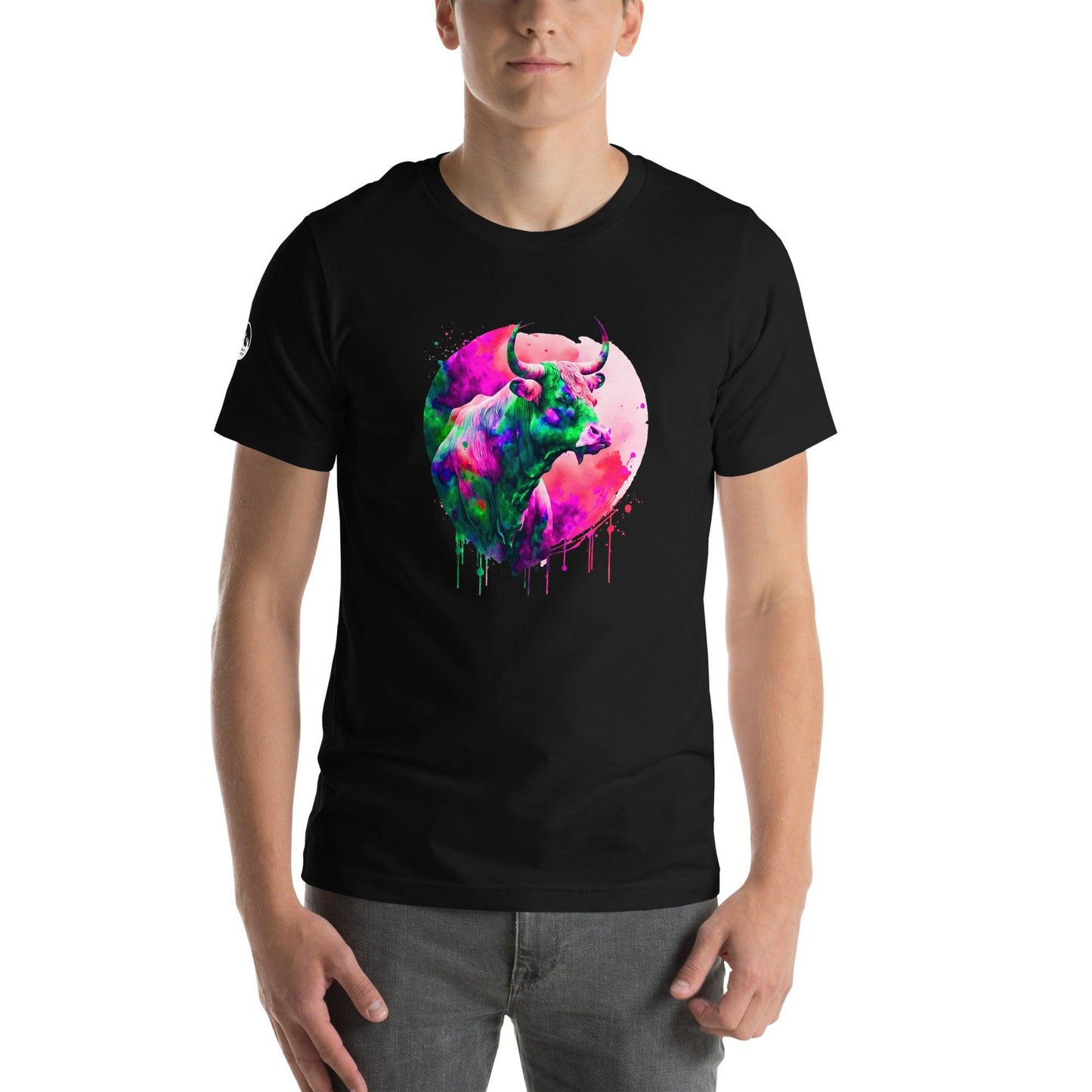 Colorful Bull Rodeo Tee with artistic design displayed on a black shirt, ideal for unique fashion.
