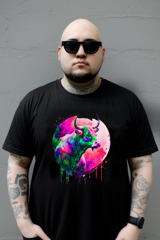 Colorful bull graphic tee with neon design, perfect for rodeo fans and unique fashion lovers.