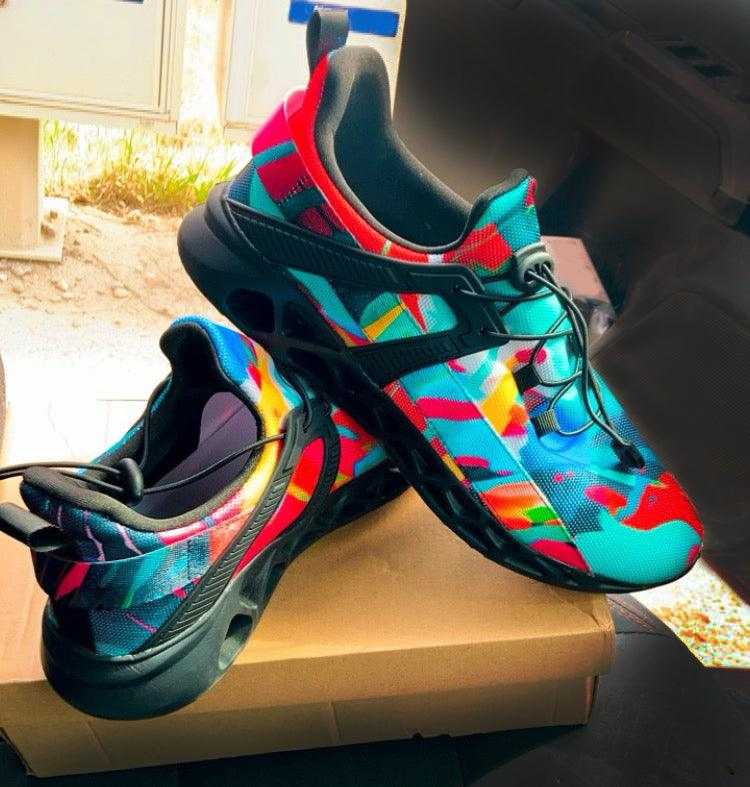 Colorful abstract splash mens elastic sport sneakers with breathable flyknit and MD outsole.