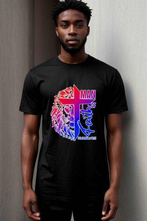 Black "Man of Faith" Religion Tee with bold, colorful design and lion graphic.