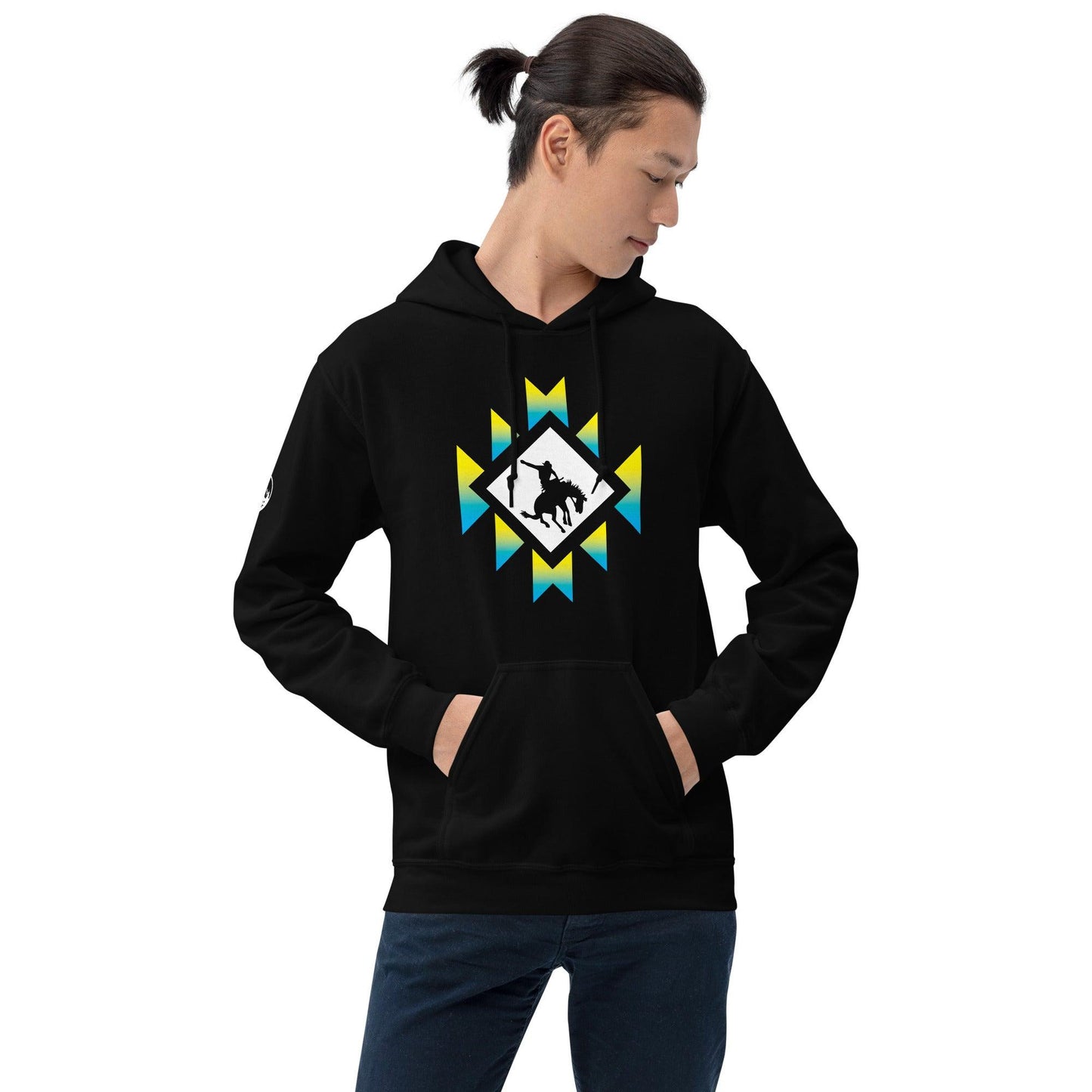 Southwest Bronco Hoodie in blue and yellow gradient with cowboy design, worn by a person.