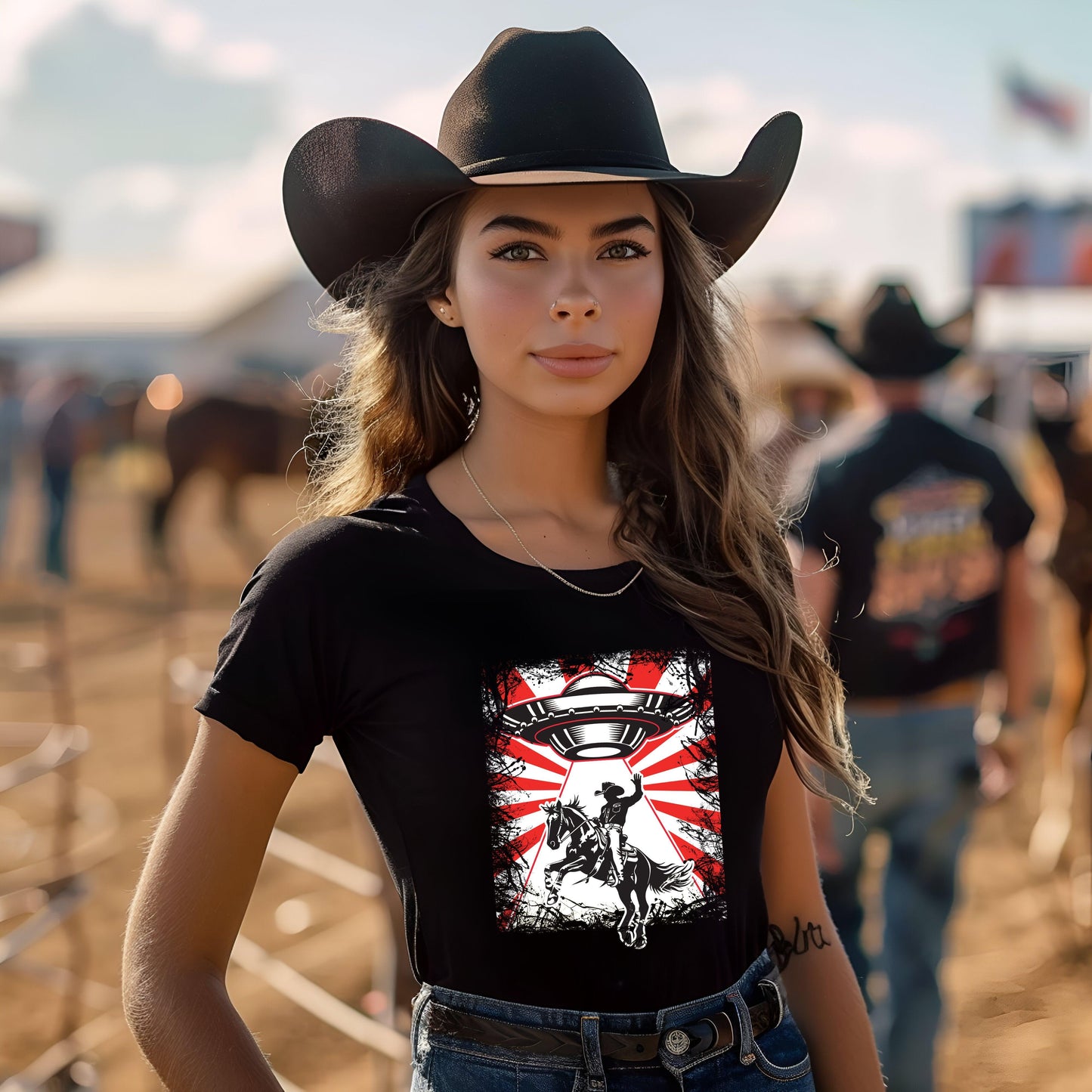 UFO Cowboy Abduction Unisex Tee featuring alien and cowboy graphic design.
