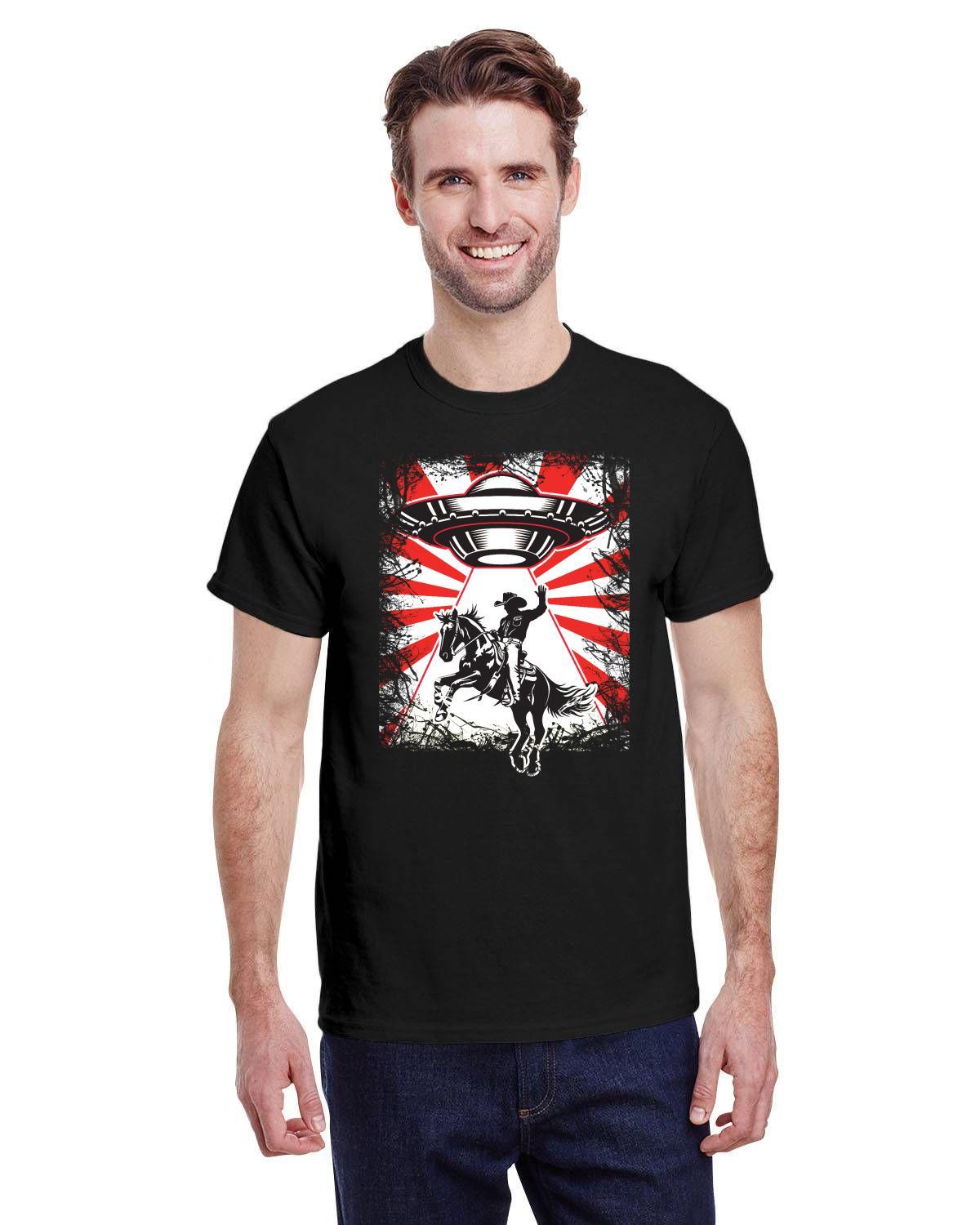 UFO Cowboy Abduction Unisex Tee with graphic design on model.
