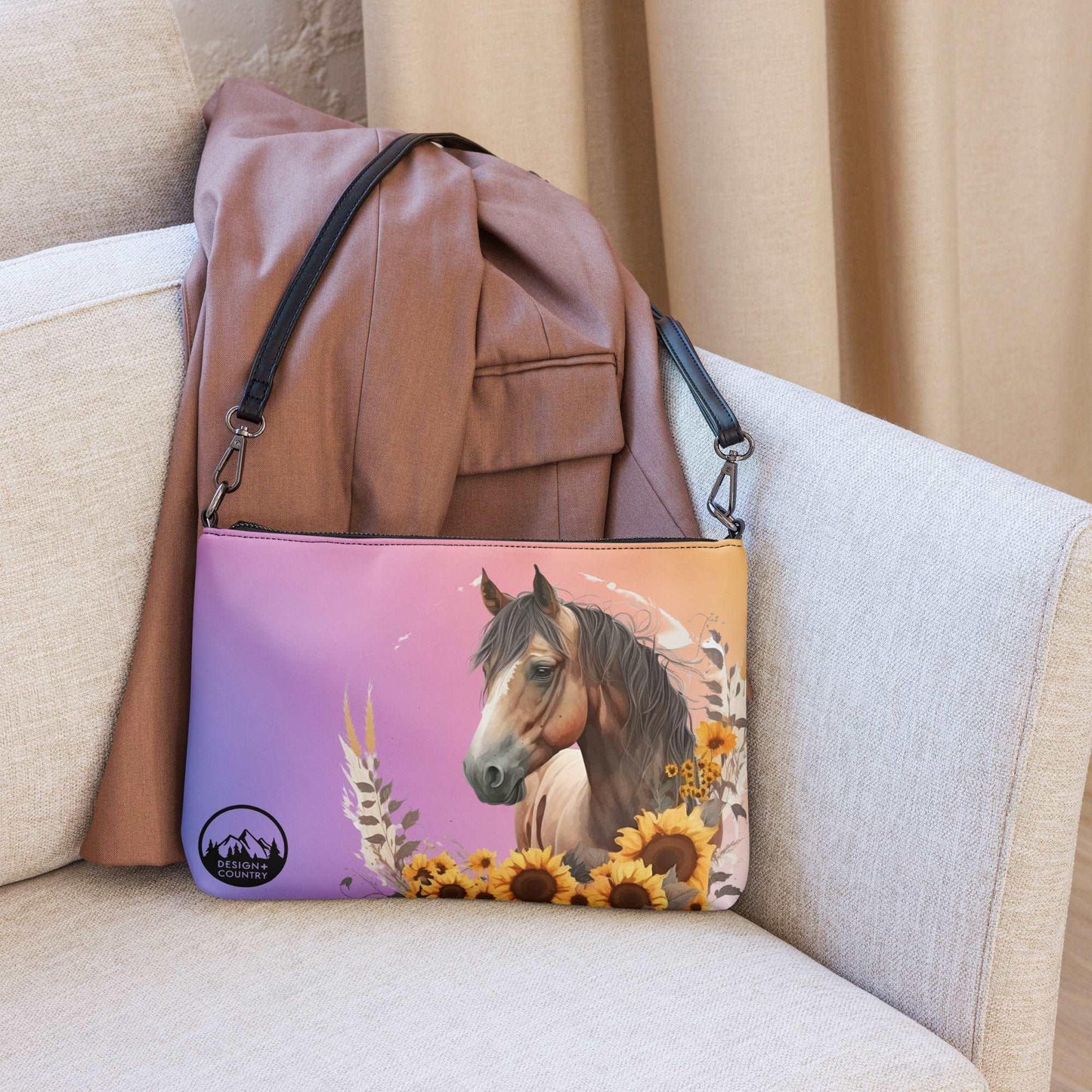 Equestrian-themed crossbody bag with horse design, faux leather, and adjustable straps.