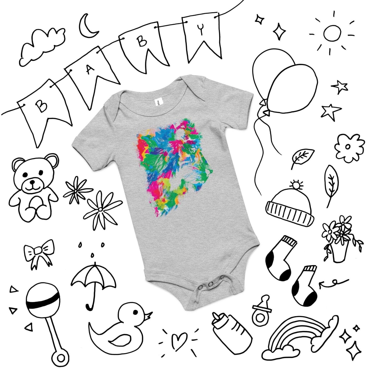 Rainbow Abstract Lion Onesie with vibrant print, surrounded by baby-themed illustrations.