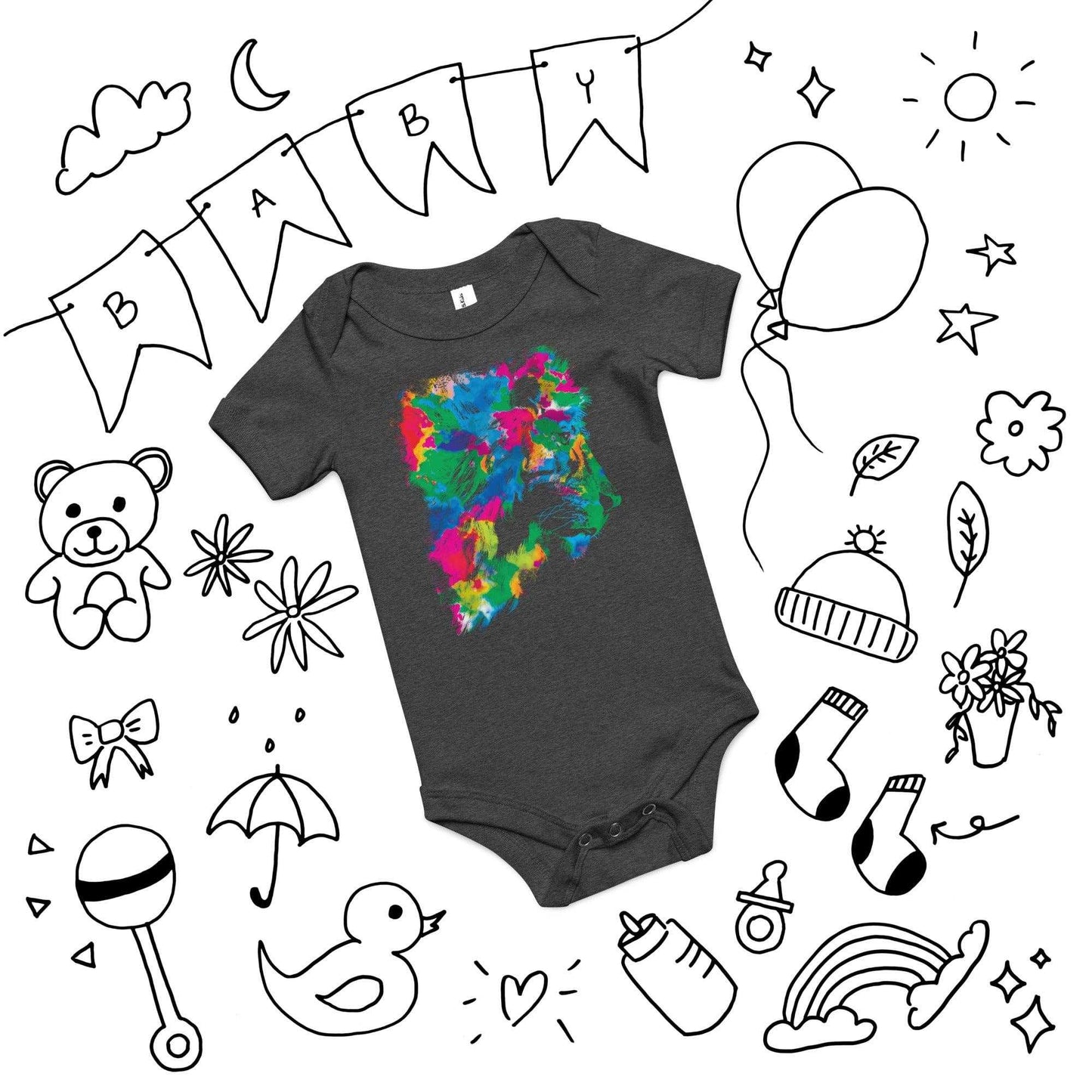 Rainbow Abstract Lion Onesie with vibrant print, surrounded by baby-themed illustrations.