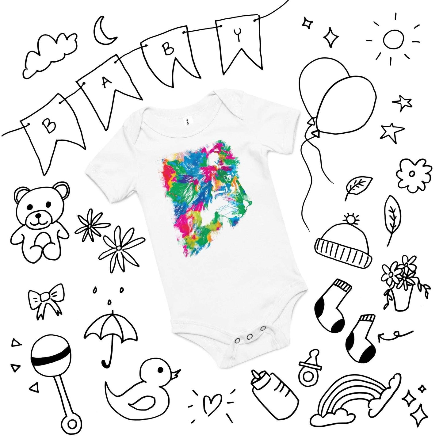 Rainbow Abstract Lion Onesie with vibrant print, surrounded by baby-themed illustrations.