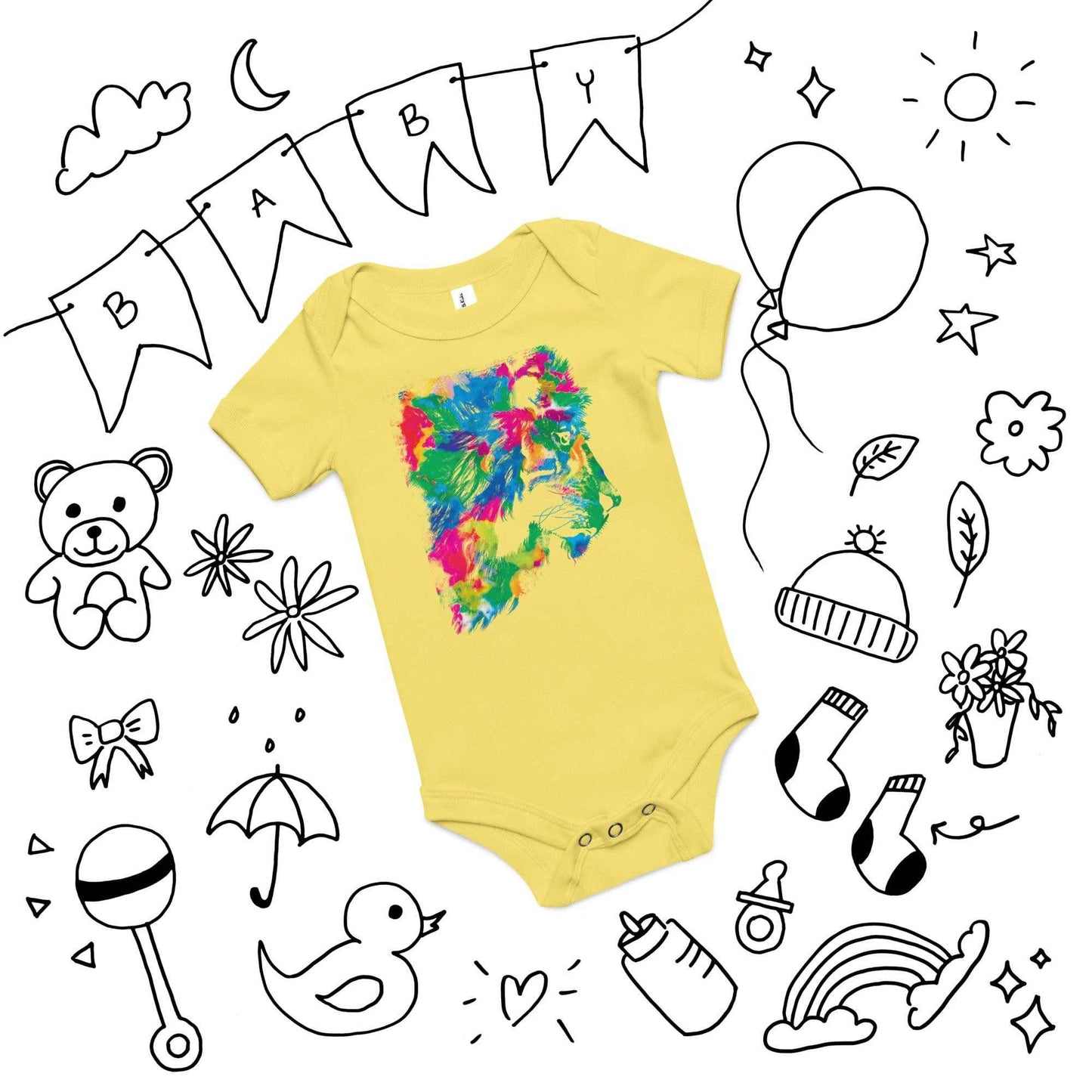 Rainbow Abstract Lion Onesie with vibrant print, surrounded by baby-themed illustrations.