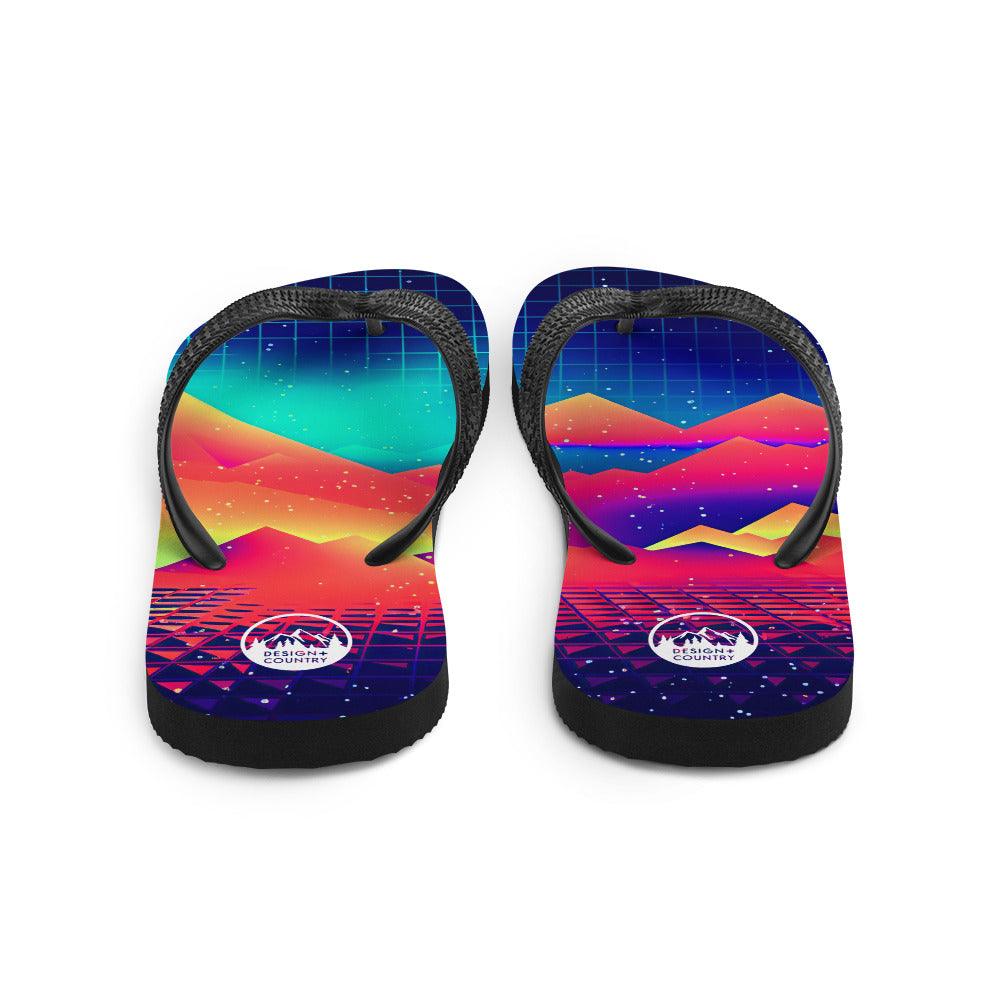 Techno - Synth Rave Flip-Flops with colorful design, black Y-shaped straps, rubber sole.