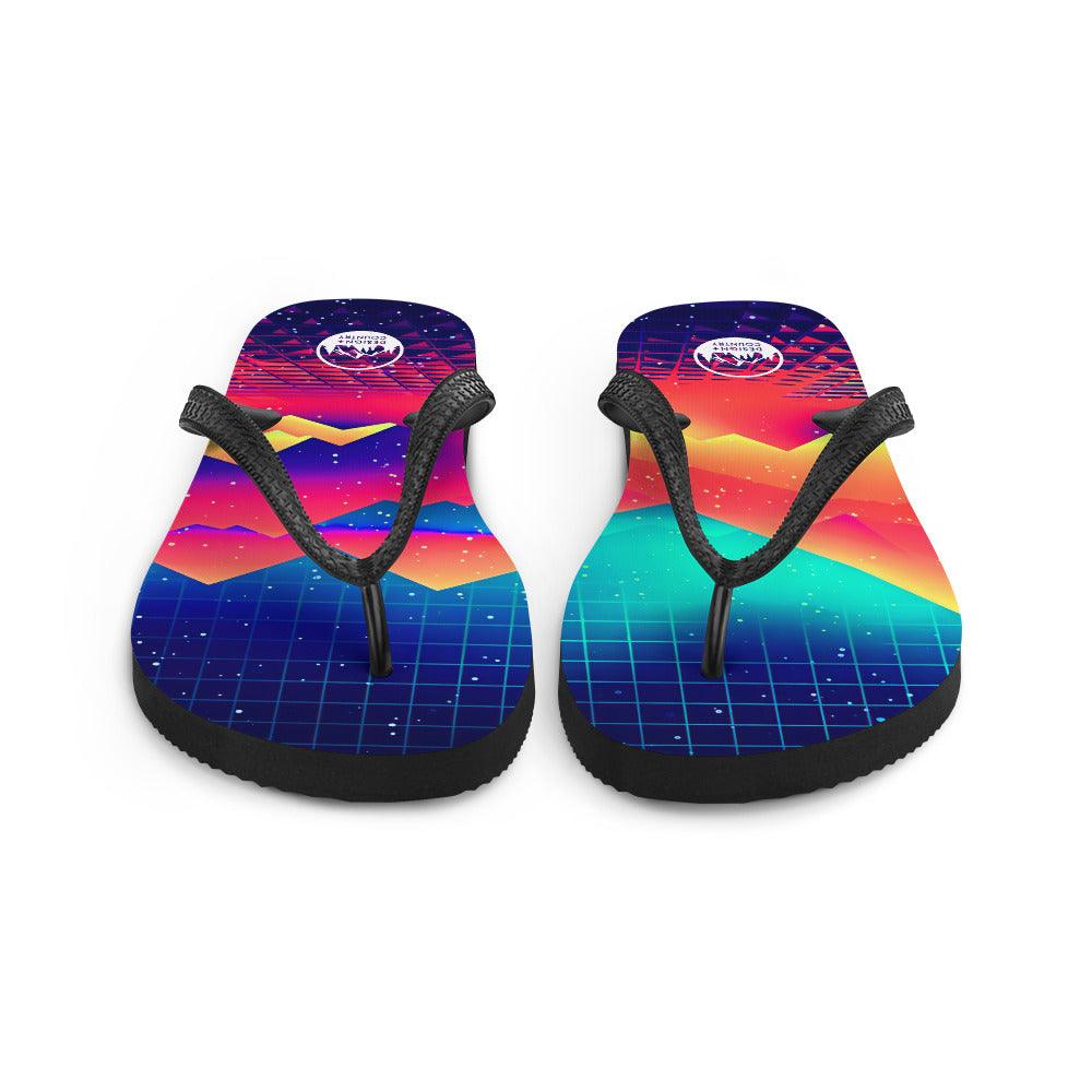 Techno - Synth Rave Flip-Flops with colorful design and black rubber straps.