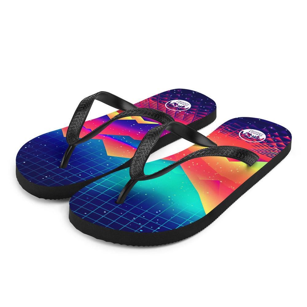 Colorful Techno Synth Rave Flip-Flops with black straps and rubber sole.