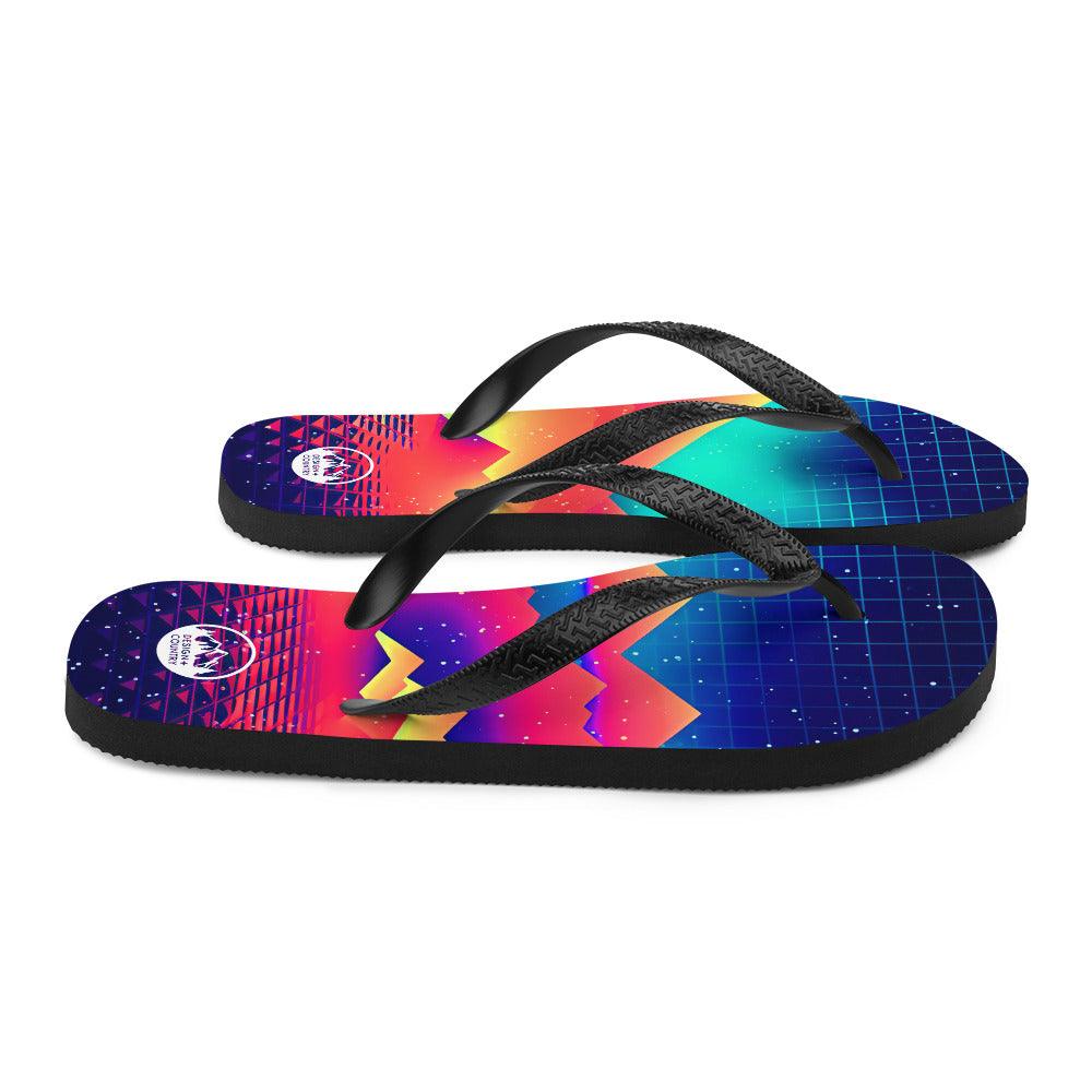 Colorful Techno - Synth Rave Flip-Flops with black straps and rubber sole.