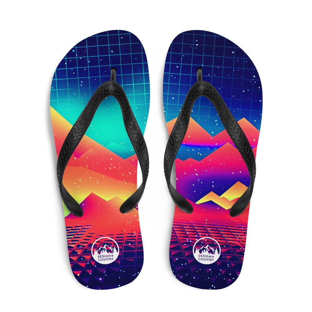 Colorful Techno - Synth Rave Flip-Flops with black rubber straps and vibrant design.