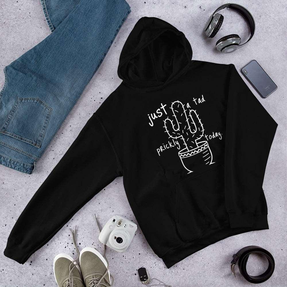 Tad Prickly Unisex Hoodie with cactus design on flat lay display.