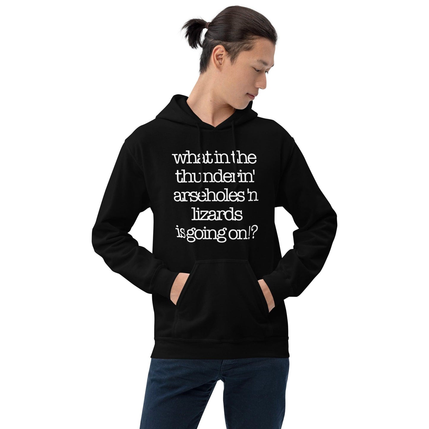 Man wearing "What in the Thunderin'" hoodie with humorous text design, black color.