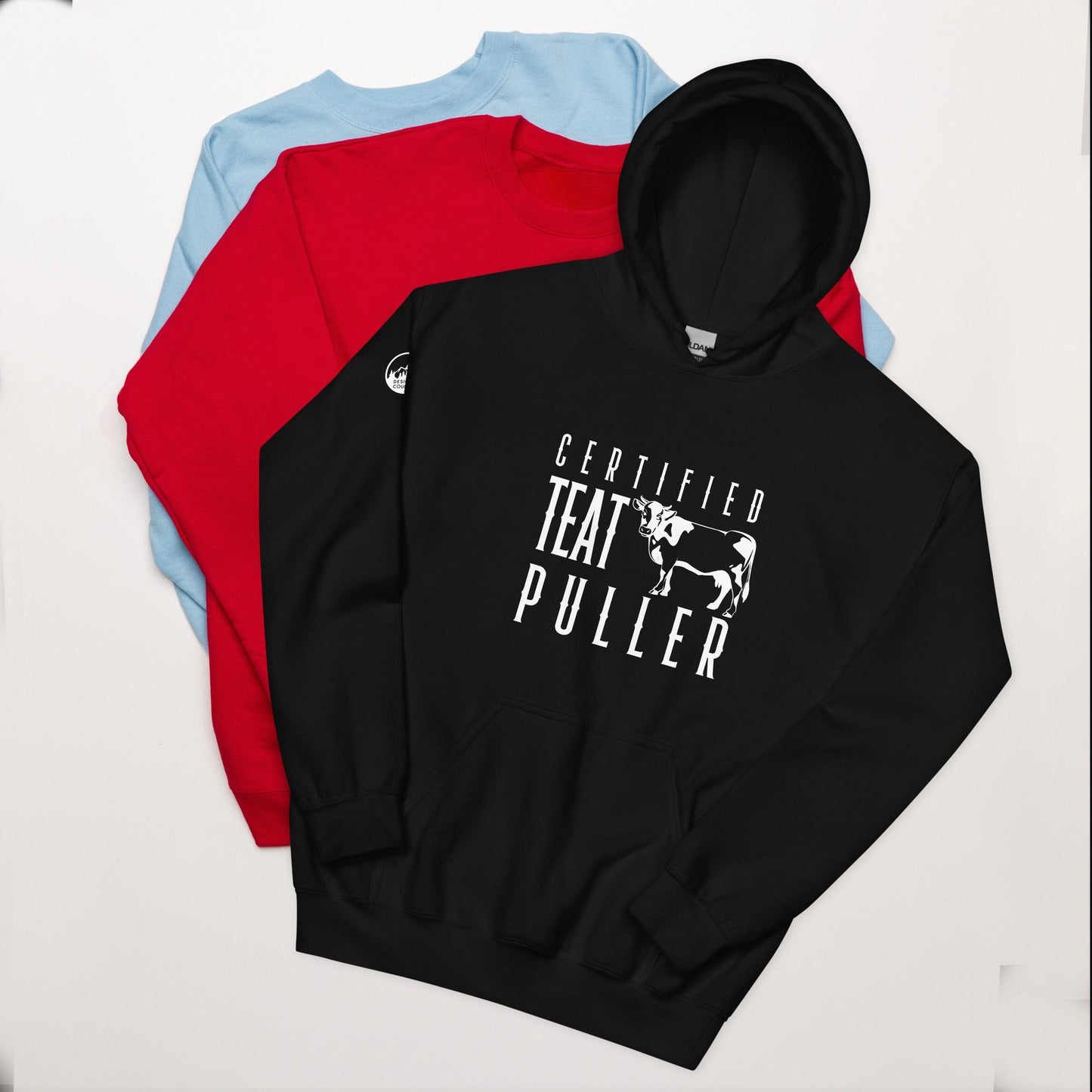 Certified Teat Puller Hoodie in black, red, and blue colors on display.