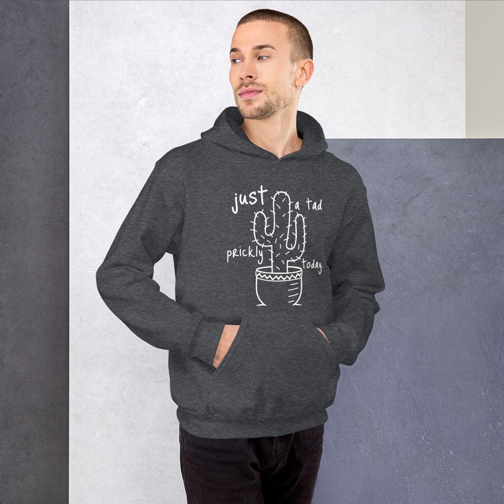 Unisex hoodie with a cactus design, text "just a tad prickly today" on soft, warm fabric.