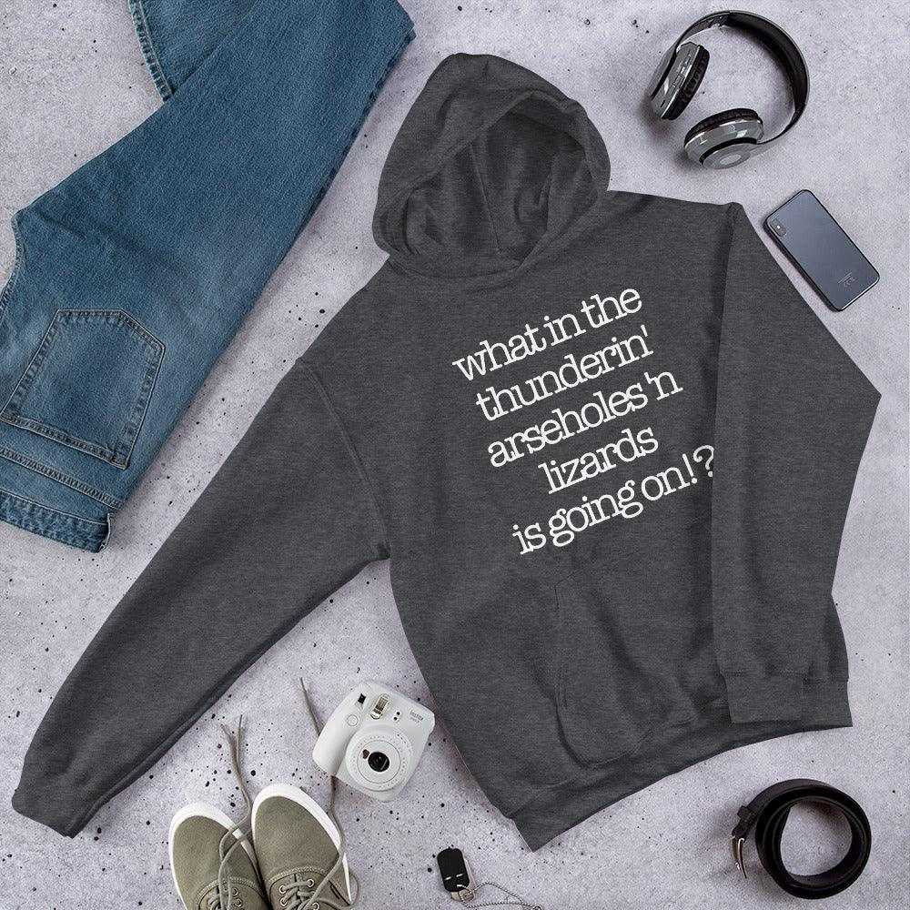 Hoodie with "what in the thunderin' arseholes n lizards is going on!?" text, surrounded by casual accessories.