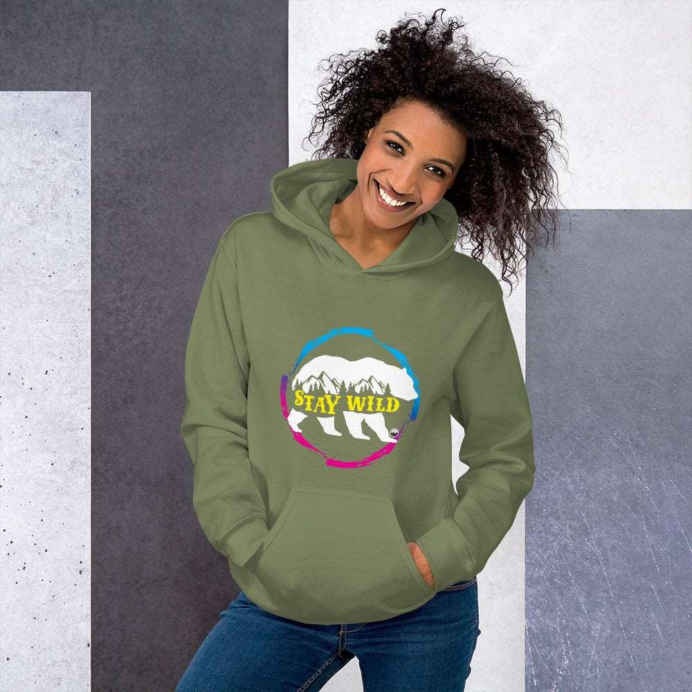 Unisex hoodie in gradient pink and blue with "Stay Wild" design, nature-inspired.