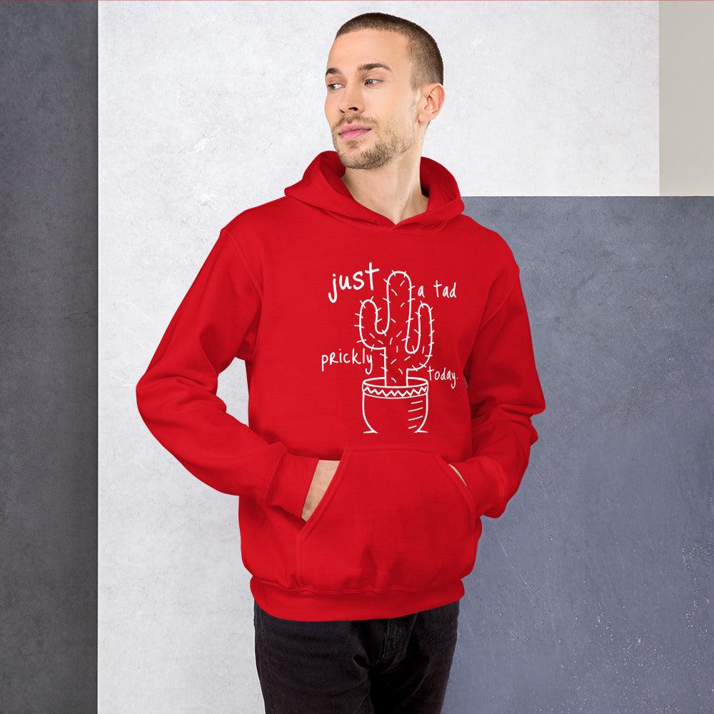 Red Tad Prickly Unisex Hoodie with cactus design.