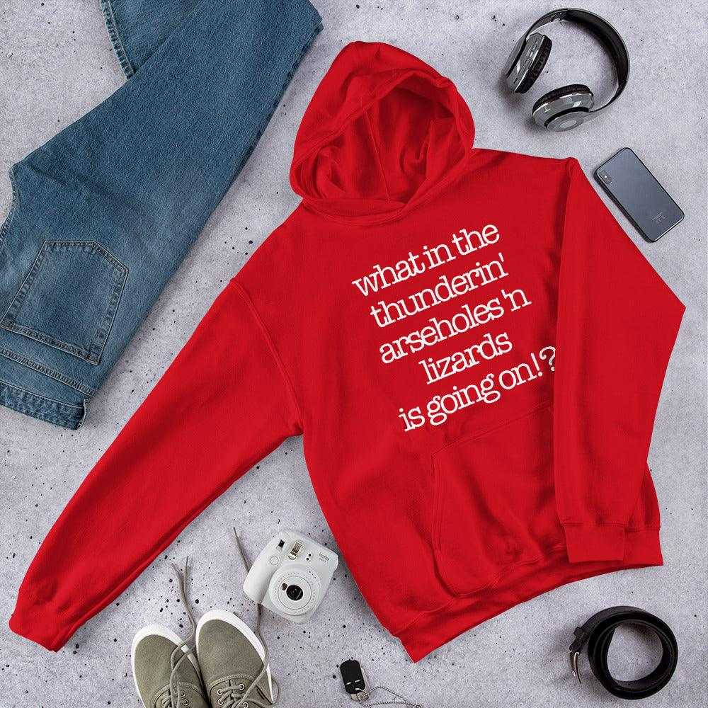 Hoodie with "what in the thunderin' arseholes n lizards is going on!?" text, surrounded by casual accessories.