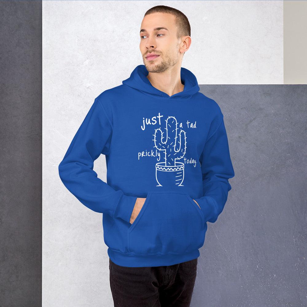 Blue unisex hoodie with a cactus design and "Just a Tad Prickly" text.