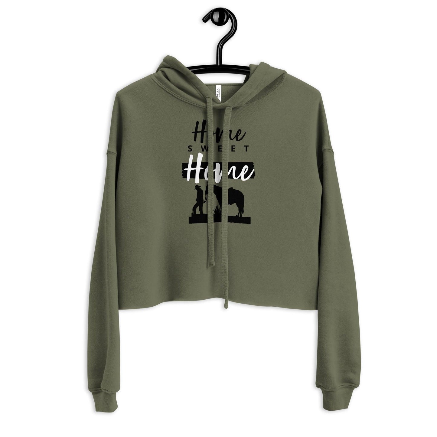 Home Sweet Home Crop Hoodie with equestrian design, olive green color, and raw hem.