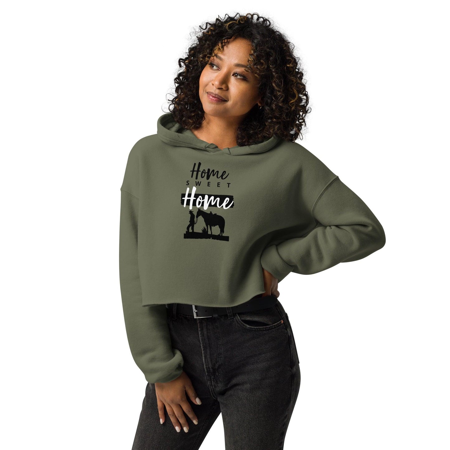 Home Sweet Home Crop Hoodie in green with equestrian design, worn by a woman.