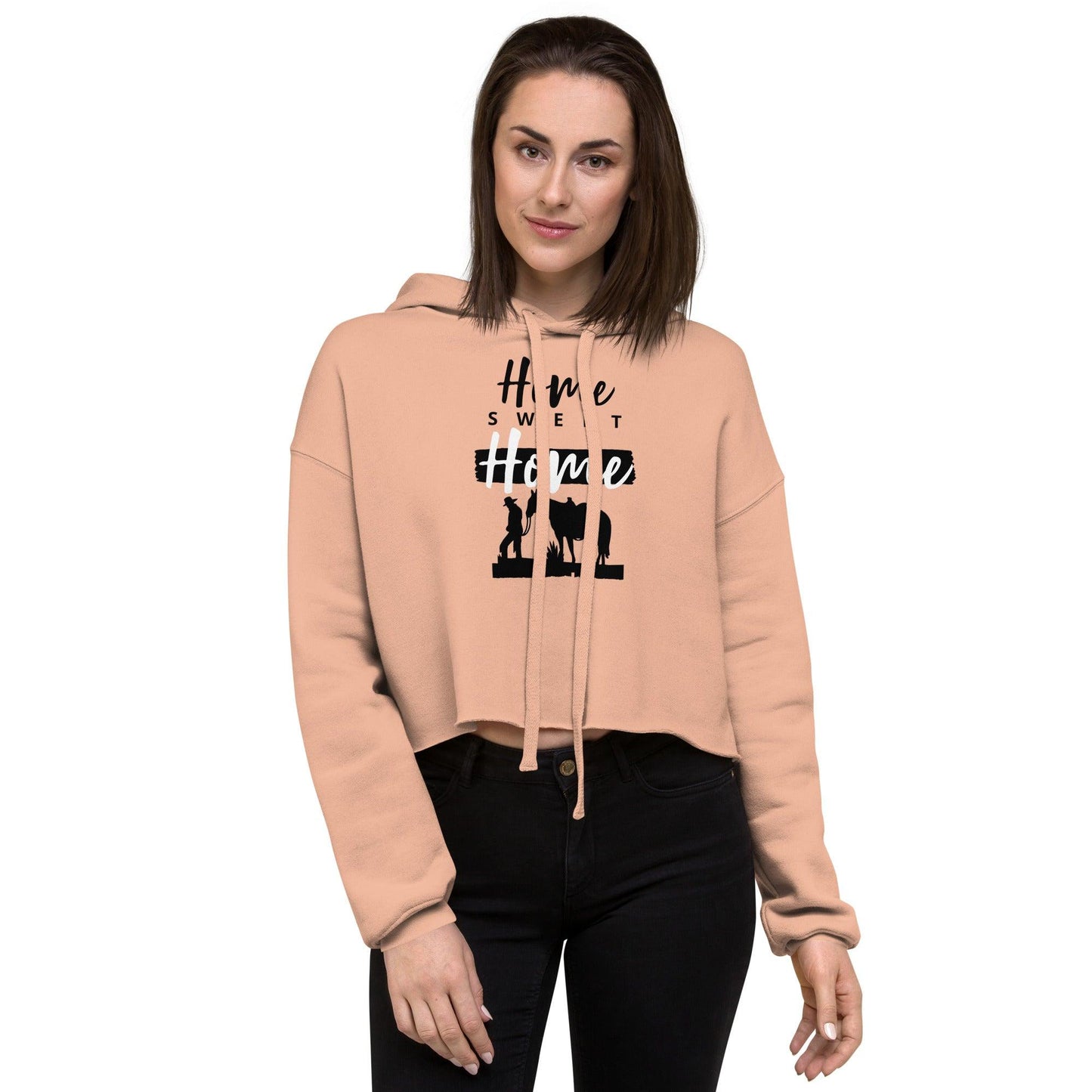 Home Sweet Home Crop Hoodie with equestrian design, cozy style for horse lovers.