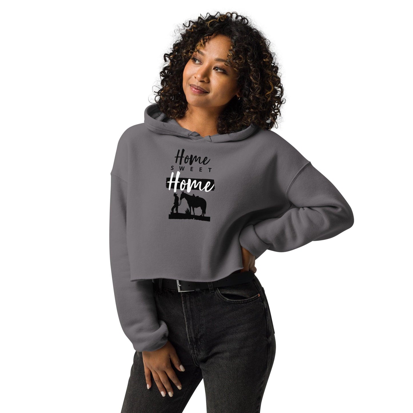 Home Sweet Home crop hoodie with equestrian-themed design, worn by a woman.