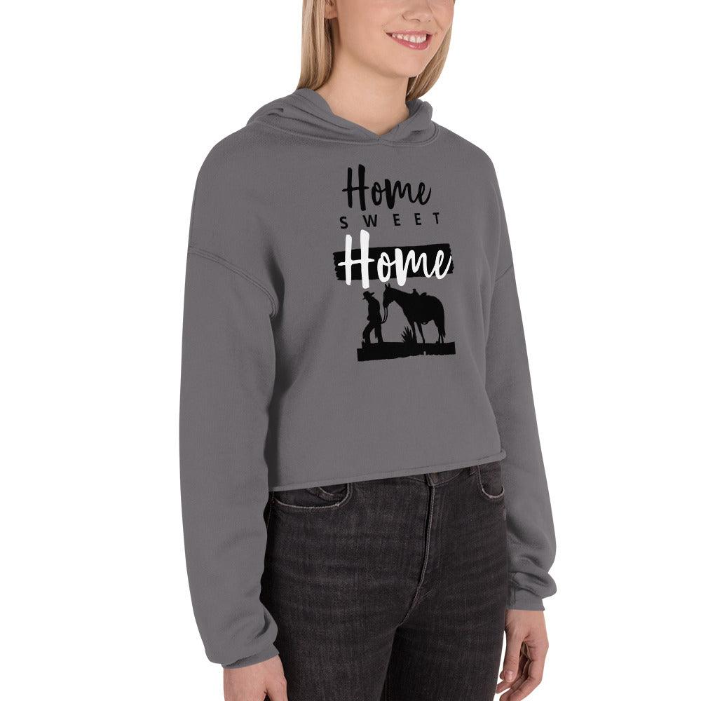 Home Sweet Home crop hoodie with equestrian theme in dark gray.