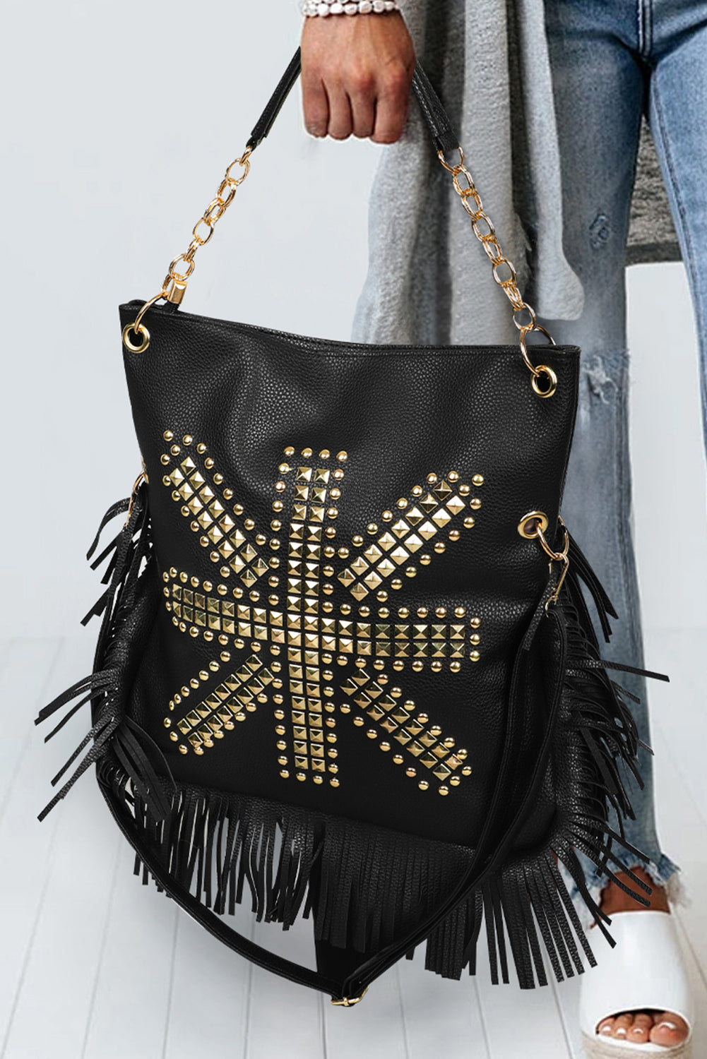 Black Rivet Leather Shoulder Bag