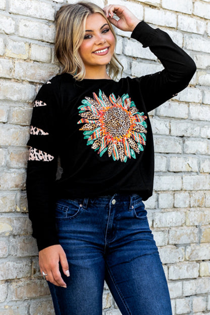 Ripped Leopard and Sunflower Graphic Sweatshirt