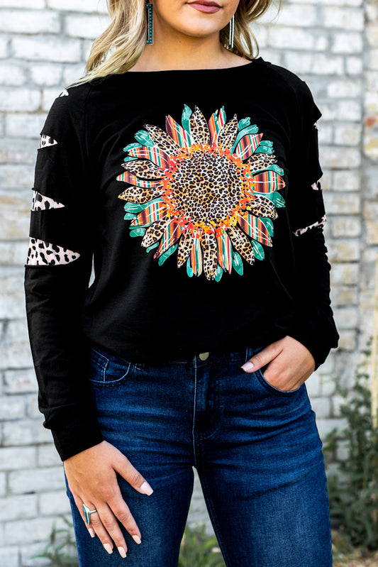 Ripped Leopard and Sunflower Graphic Sweatshirt