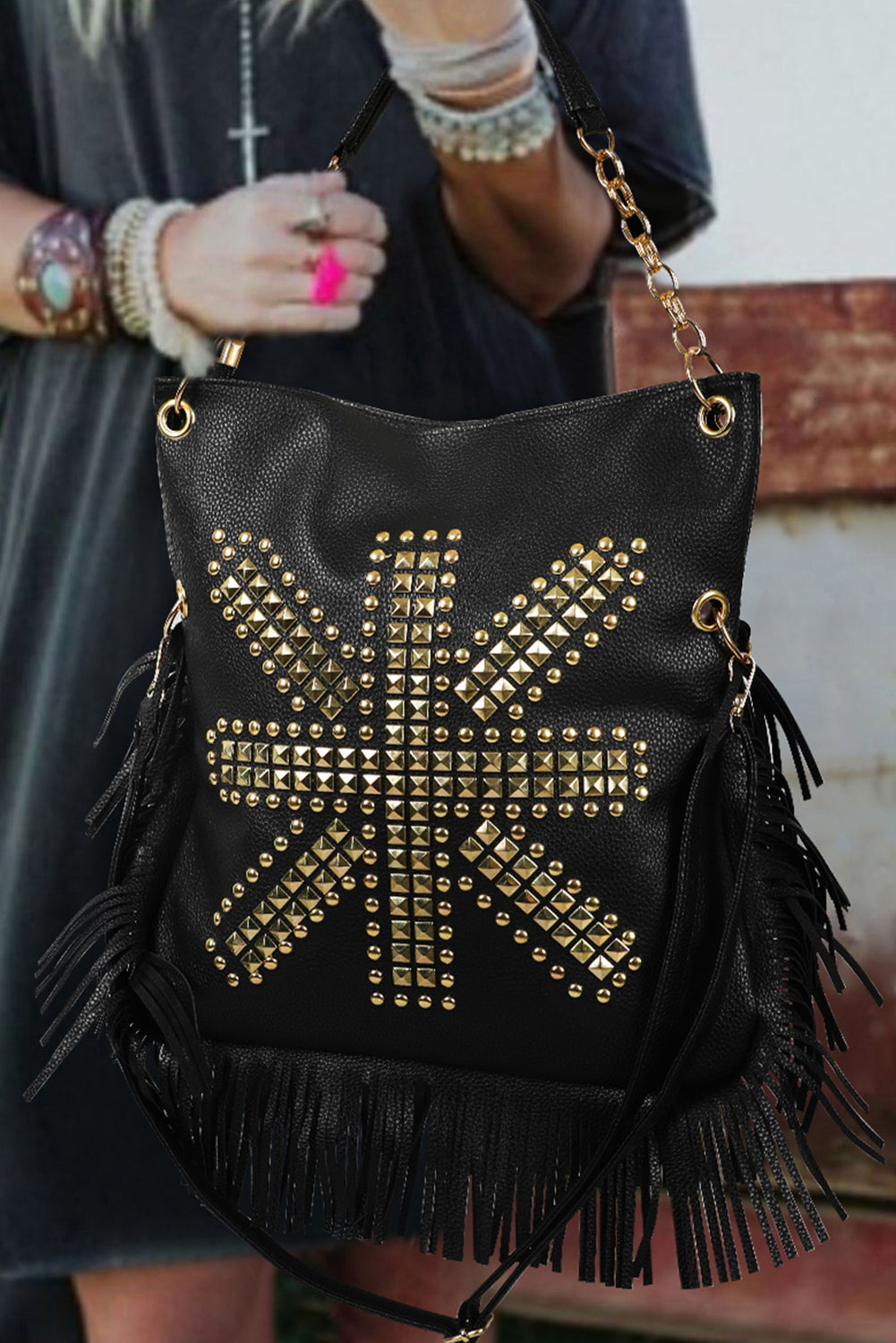 Black Rivet Leather Shoulder Bag