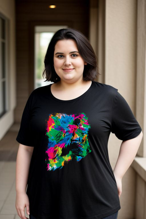 Plus Size Woman Wearing Abstract Rainbow Lion Tee