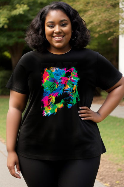 Plus Size Woman Wearing Abstract Rainbow Lion Tee