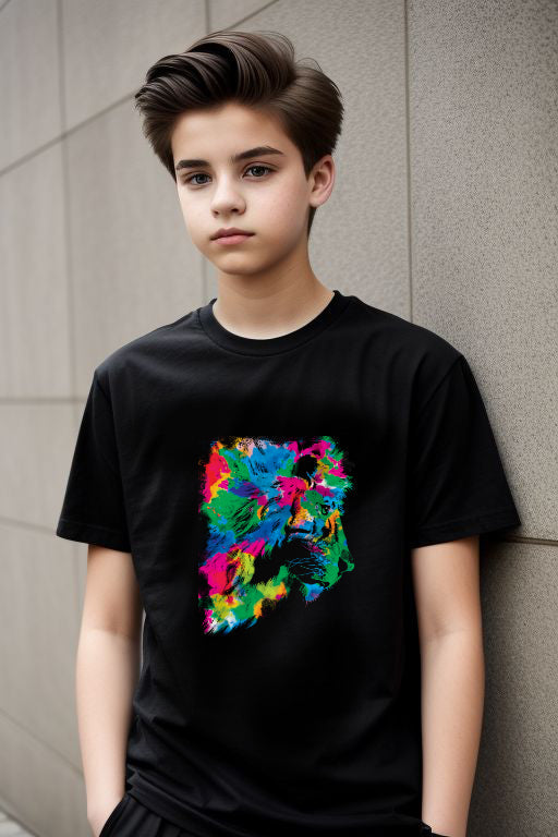 Abstract Rainbow Lion Tee with vibrant lion design worn by a young model.