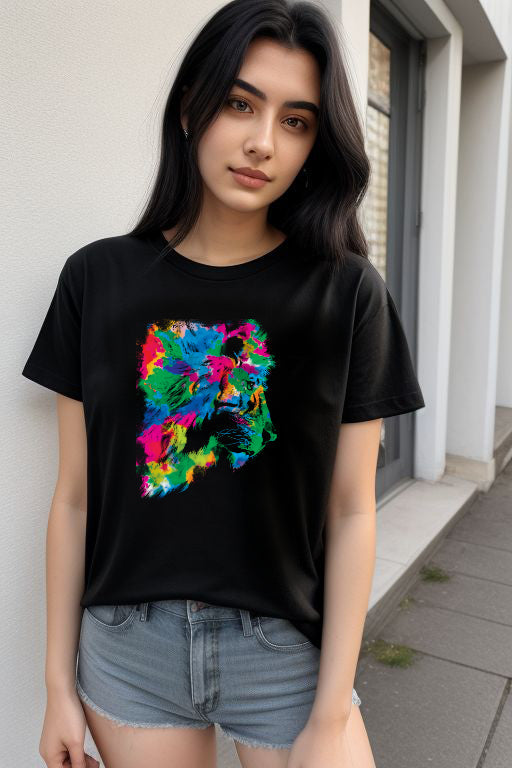 Abstract Rainbow Lion Tee featuring colorful lion art on black shirt.
