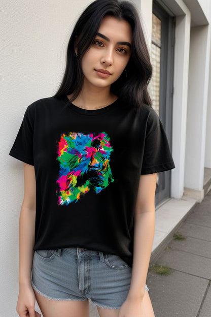 Young Teenager Wearing Abstract Rainbow Lion Tee