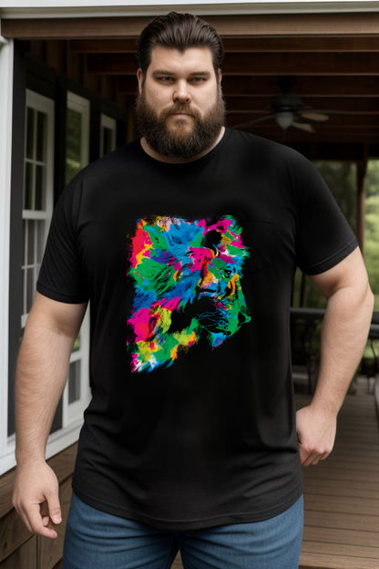 Plus Size Man Wearing Abstract Rainbow Lion Tee