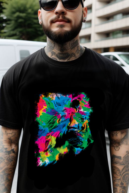 Alternative Tattoo'd Man Wearing Abstract Rainbow Lion Tee