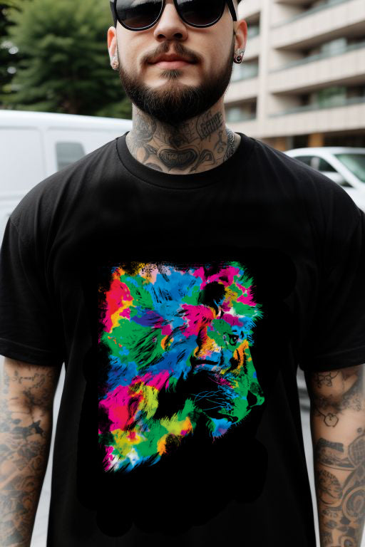 Abstract Rainbow Lion Tee featuring vibrant abstract lion art on a black background.