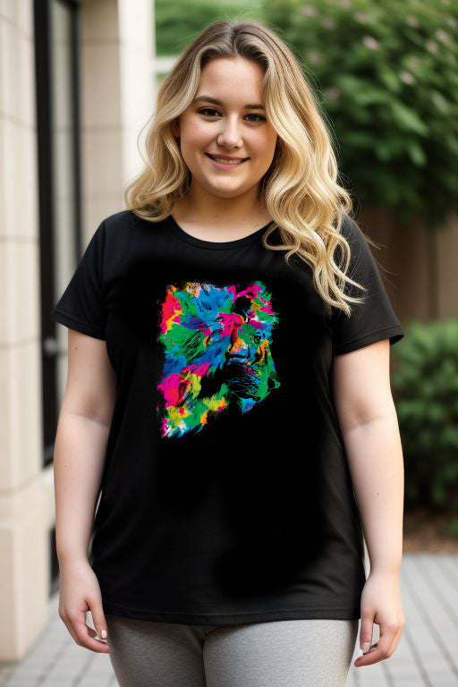 Young Woman Wearing Abstract Rainbow Lion Tee