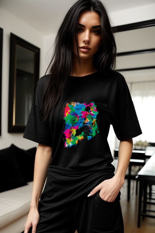 Abstract Rainbow Lion Tee with vibrant, bold lion art design, worn by a woman indoors.